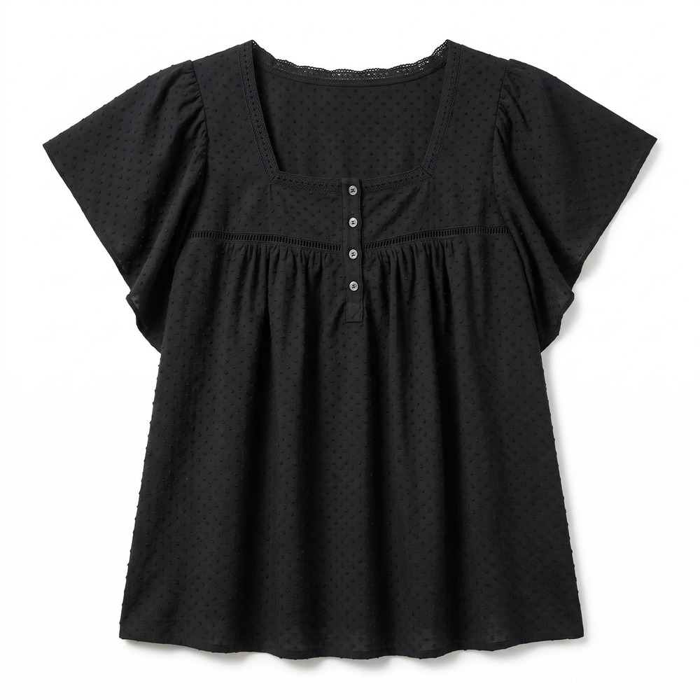 LOFT M Black Swiss Dot Flutter Sleeve Square Neck Top Womens Boho Casual Blouse